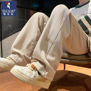 Woodpecker casual sweatpants men's autumn and winter new american trend sports loose thickened straight wide leg long pants men's style apricot xl recommended 130-145jin jin equals 0.5 kg