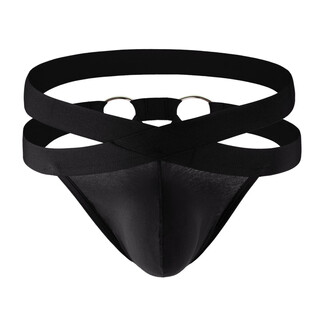 Long night men's metal ring elastic double belt thong u-convex sexy hollow cotton underwear m (see detailed description for details) black