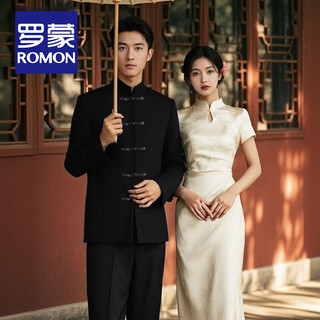 Romon national style stand collar button suit men's very wide slim mao suit groom wedding banquet new chinese suit black jacket + pants s (recommended 110-125 jin jin equals 0.5 kg)