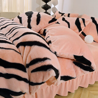 Mercury series light luxury leopard print rabbit plush milk velvet bed four-piece set autumn and winter plus velvet double-sided velvet quilt cover coral velvet sheets ca hepburn-pink 1.5m bed skirt style four-piece set quilt cover 200*230cm + bed skirt