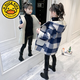 G.duckkids little yellow duck girl's woolen coat winter style little girl korean style medium and large children's velvet tartan coat blue 140 cm (recommended height is about 134cm)