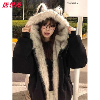 Tang siwei black mountain sculpture cat ears hooded cotton jacket for women autumn and winter new cotton jacket coat plus velvet thickened top m