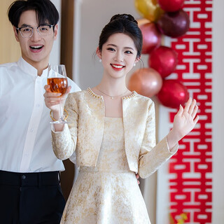 Libaixin toast dress, engagement dress, home casual dress, petite, fragrant two-piece dress, autumn long sleeves, elegant and decent, champagne color, one set plus vest, l recommended 105-110 jin jin equals 0.5 kg