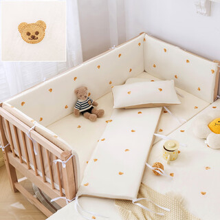 M. high meter crib bed fence class a soft-packed pure cotton children's spliced bed guardrail fence baby anti-collision fence cloth bedding washed cotton_bear head_white 60*200cm (three-sided bed fence_height 30)