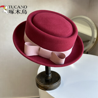 Woodpecker (tucano) fashionable camel curly top hat for women, autumn and winter french wool felt hat with bow, elegant flat-top woolen hat for ladies, burgundy light pink high-density fine cotton bow, high weight curly wool concave top hat, adjustable (56-58cm)