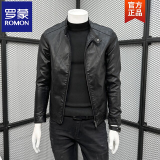 Romon leather jacket men's 2026 new spring, autumn and winter trendy slim stand collar casual pu leather jacket plus velvet thickened jacket black m