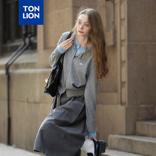 Tonlion 2025 autumn and winter women's round neck fake two-piece spliced cardigan sweater