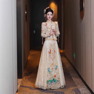 Vnxifm champagne color xiuhe suit small bride dress 2025 new chinese wedding dress wedding toast dress heavy industry wedding dress wenqing no headdress s