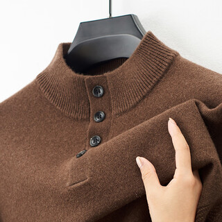 Semalam2025 autumn and winter new style wool thickened henry collar button solid color pure wool warm simple men's knitted sweater brown m