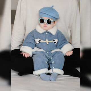 G.duck baby outdoor clothing, winter thickened baby boy clothes, winter quilted jumpsuit, newborn baby outdoor crawling clothing, quilted and velvet, blue 80cm 80