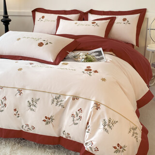 Mercury series light luxury class a 200 count long staple cotton four-piece set pure cotton floral embroidery quilt cover sheet sheet sheet bedding snow mountain red 1.5 meter sheet style four-piece set quilt cover 200 230cm