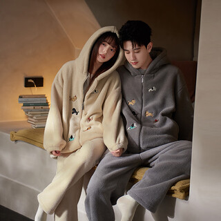 Mrs. slee sleep tight couple pajamas winter women's lamb velvet thickened hooded zipper men can be worn outside winter home clothes lyr1243-women's l