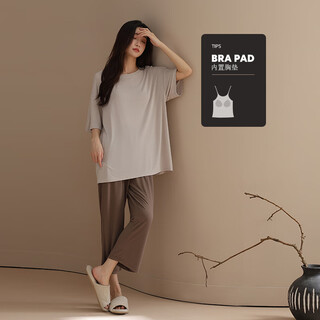 都市丽人【带胸垫】莫代尔情侣睡衣男女夏季薄款短袖宽松青少年家居服套装 女款-M5572-胸垫款_短袖七分裤 M