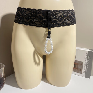 Large size men's sexy underwear, open and easy to take off, sexy lace waist, bead chain rings, exposed thong underwear, black, one size fits all (90-120jin jin is equal to 0.5 kg)