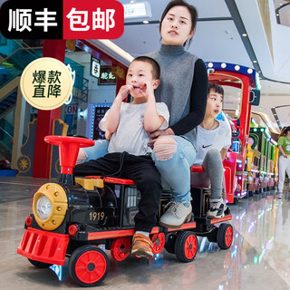 Yijing small train baby electric car with four wheels, extended, can sit adults, babies and children, cartoon charging, internet celebrity toy car, four-wheel drive, black and red + 1 car, remote control, 2 14a batteries