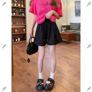 大码时尚洋气黑色休闲运动裤女秋季高腰阔腿裤胖MM遮肉显瘦短裤子 黑色 3XL 3XL建议160180斤