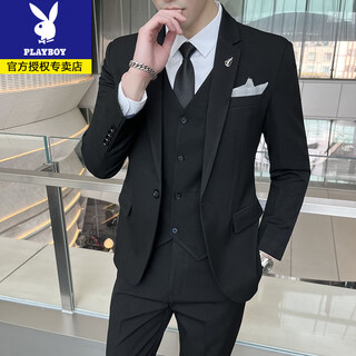 Playboy suit men's three-piece formal suit professional small suit tailored groom groomsmen wedding casual plus size dress black suit + pants with free tie 2xl