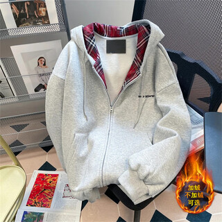 Luyal american fashion high street all-match cardigan hooded sweatshirt for men in autumn and winter loose plus velvet all-match high-end jacket white gray xl