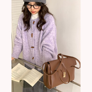 Clothes yuan round neck horn button knitted sweater 2025 autumn and winter new purple cardigan jacket women's gentle lazy casual top purple regular one size (85-120jin jin equals 0.5 kg)