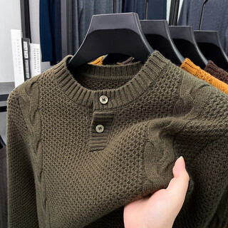 Emz ordos men's thick woolen sweater henry collar button autumn and winter young and middle-aged stand collar casual sweater wool pine gray brown s 165
