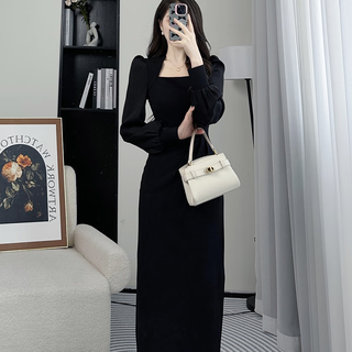 Bangboshi black dress women's 2025 autumn new slim fit square neck high-quality french casual long dress french square neck black dress long sleeve m suitable (101-115)