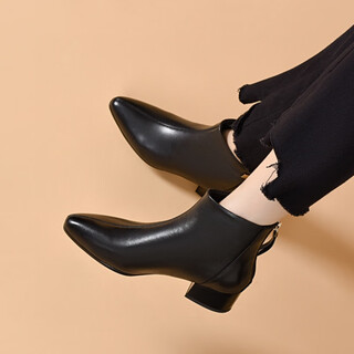 Belle genuine leather temperament pointed toe low heel small nude boots women's autumn and winter new thick heel sheepskin boots black cowhide single lining 37