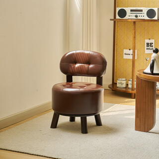 Solid wood small stool, home low stool, living room, coffee table, backrest, chair, soft cushion, creative rotating sofa chair, shoe changing stool, brown round stool, solid wood soft cover, 360 rotation