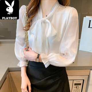 Playboy (playboy) bow ribbon chiffon shirt for women spring and autumn 2025 new professional temperament long-sleeved shirt chic niche top white 2xl