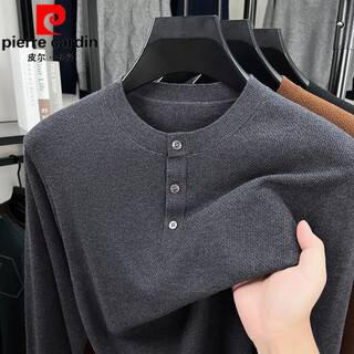 Pierre cardin men's henry round neck casual fashion sweater 2025 new spring and autumn sweater base layer versatile solid gray xl