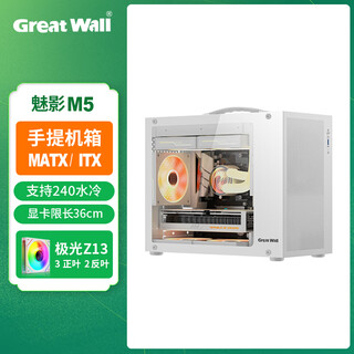 长城魅影M5手提机箱M-ATX玻璃侧透金属面板镀铝提手台式机电脑主机箱 魅影M5白色+极光ARGB风扇(3正2反)