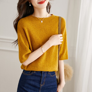 Shexi (srcr) 100% sheep wool mid-sleeve cardigan for women spring and autumn short bottoming sweater loose sweater outer wear