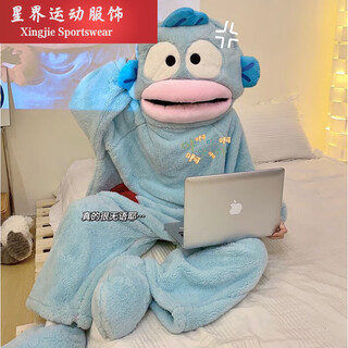 Kaooseen big mouth ugly fish coral velvet one-piece pajamas for women cartoon thickened warm pajamas for men large size hooded funny winter funny big head fish pajamas + shoes m xl height 168-185c