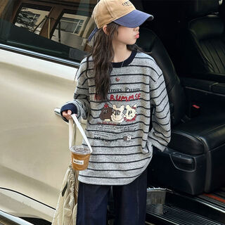 森林小友小红书爆款女童加绒T恤秋冬装女大童衣服儿童条纹保暖上衣女孩超 图片色 120 120cm