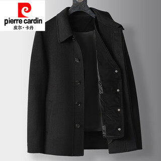 Pierre cardin high-end 100% wool jacket coat men's lapel autumn and winter new goose down lining thickened double-sided woolen coat black removable goose down lining 2xl 185