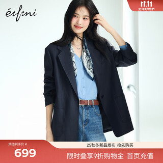 Eveli tencel and linen blended herringbone design loose silhouette suit jacket for women 2025 autumn new style dark navy s