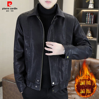 Pierre cardin velvet lapel leather jacket for men thickened autumn and winter new casual motorcycle leather jacket trendy jacket 98807 black xl 120-135jin jin is equal to 0.5 kg