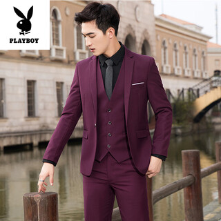Playboy (playboy) high-end suit men's three-piece suit korean style groom wedding suit tailored groomsman dress casual professional formal burgundy suit + pants + vest + shirt free m