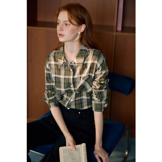 Kuhnmarvin japanese simple yellow and green plaid shirt for women 2025 winter new casual style commuting versatile shirt mori green s