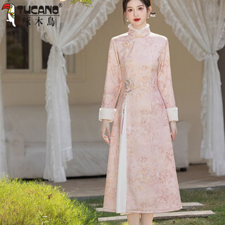 Woodpecker new chinese style cheongsam winter velvet thickened long-sleeved young girl daily improved dress mid-length light pink cheongsam plus accessories velvet thickened xl