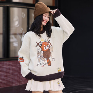 B.duck little yellow duck sweater women's 2025 winter new retro jacquard soft waxy loose contrast color round neck sweater off-white l