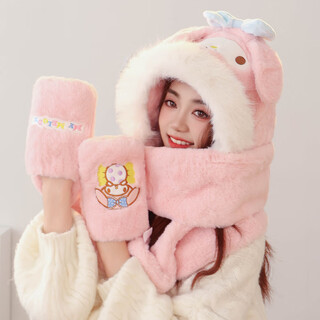 Sanrio (sanrio) warm hat, gloves and scarf three-in-one windproof and cold-proof cute cartoon plus velvet women's quarter scarf plush fur edge melody white fur edge-adult version-new style