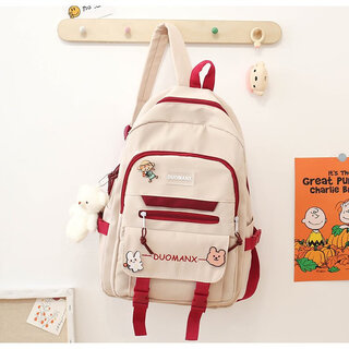 甜美少女款学生包潮流中学生双肩包2023新款高颜值女生书包初中生 米白色+无挂件