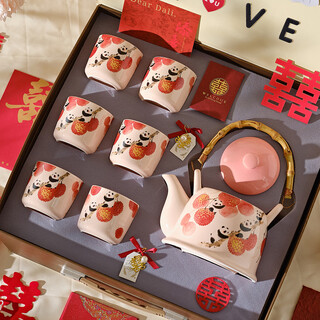 Deardali panda wedding tea set as a wedding gift for the newlyweds, as a wedding gift for your bestie, as an engagement kettle, a high-end practical teapot, a cup, a bear hug with lychees, a pot of six cups, a high-end gift box - upgraded diy acrylic stickers