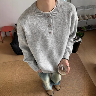Huanyi dongguan dalang knitted sweater men's 2025 new gray american retro henley collar sweater men's autumn and winter style lazy style light gray m