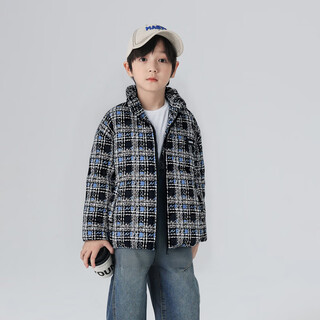 Youyoutonghua autumn and winter children's cotton clothes, fashionable boys' thickened cotton clothes, 2025 middle and large children's hooded korean style thick jackets, blue and black checkered 100 52