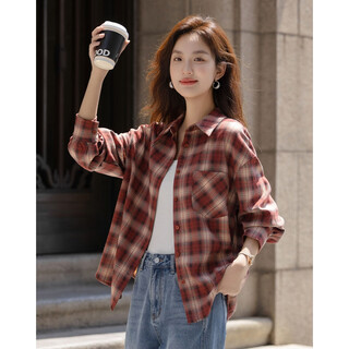 Demana light retro college autumn commuting plaid shirt loose meaty small temperament shirt women's top