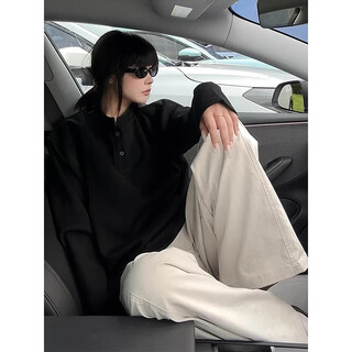 Rouard henry collar trend polo shirt sweatshirt men's autumn deconstructed splicing right shoulder long-sleeved american couple boxy top black xl