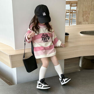 秋季新款童装女童宽松条纹刺绣字母中长款打底衫儿童韩版卫衣裙潮 37R0粉条纹字母卫衣裙 80 80cm