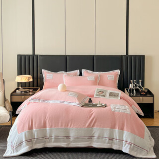 Mercury series home textiles 200 count light luxury winter full matte class a milk velvet four-piece set thickened warm coral velvet embroidered quilt cover bed sheet tully-pink antistatic + thickened + no shedding 1.5m sheet model four-piece set antistatic + thickened + no shedding