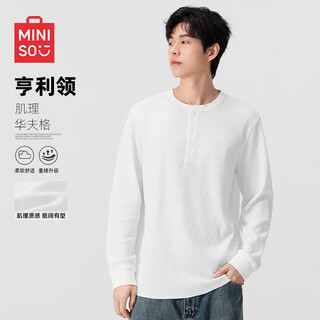 Miniso henley collar long-sleeved t-shirt men's autumn and winter waffle heavyweight american retro solid color bottoming shirt white 3xl